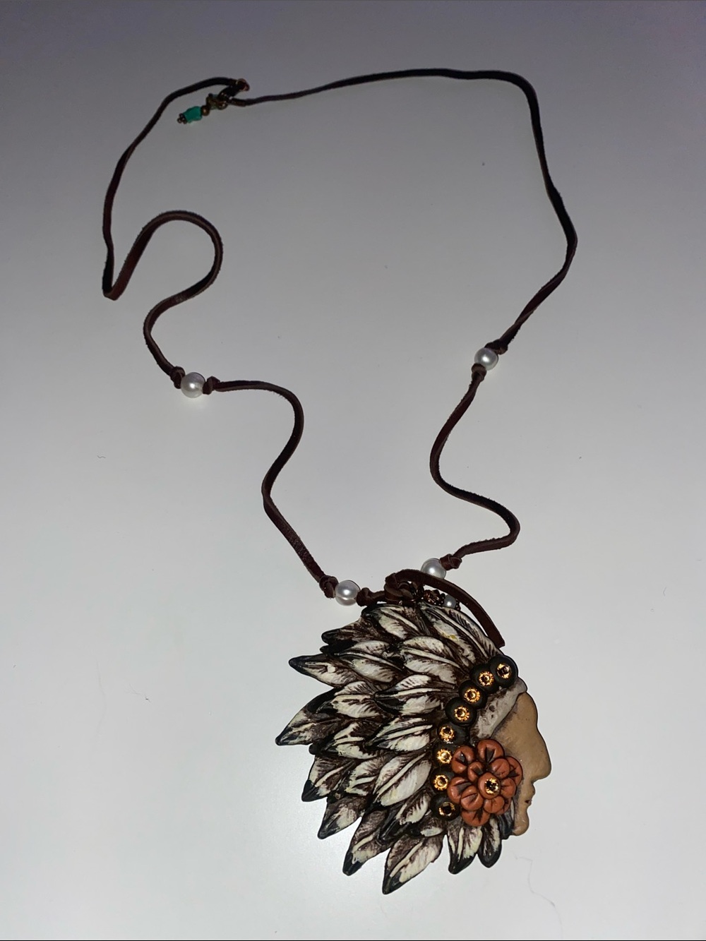 Boho Feather Headdress Pendant Necklace - Brown